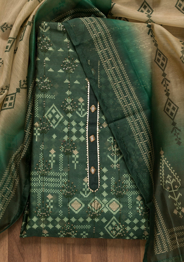 Bottle Green Threadwork Chanderi Unstitched Salwar Suit-Koskii