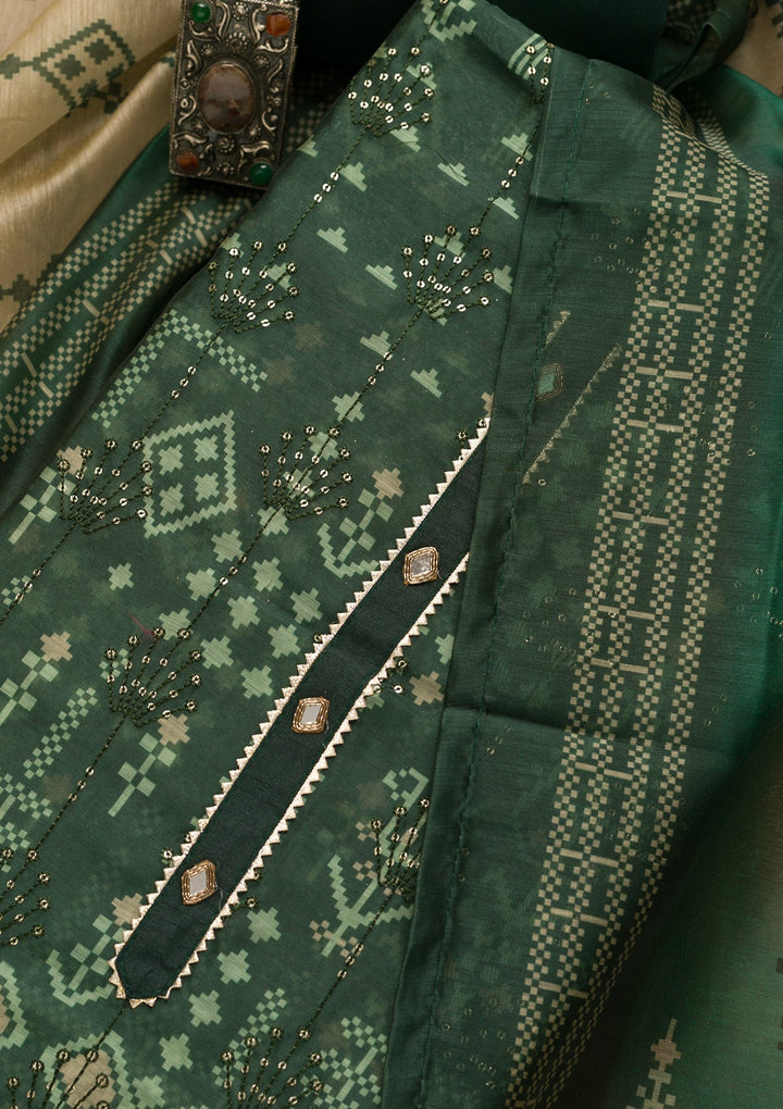 Bottle Green Threadwork Chanderi Unstitched Salwar Suit-Koskii
