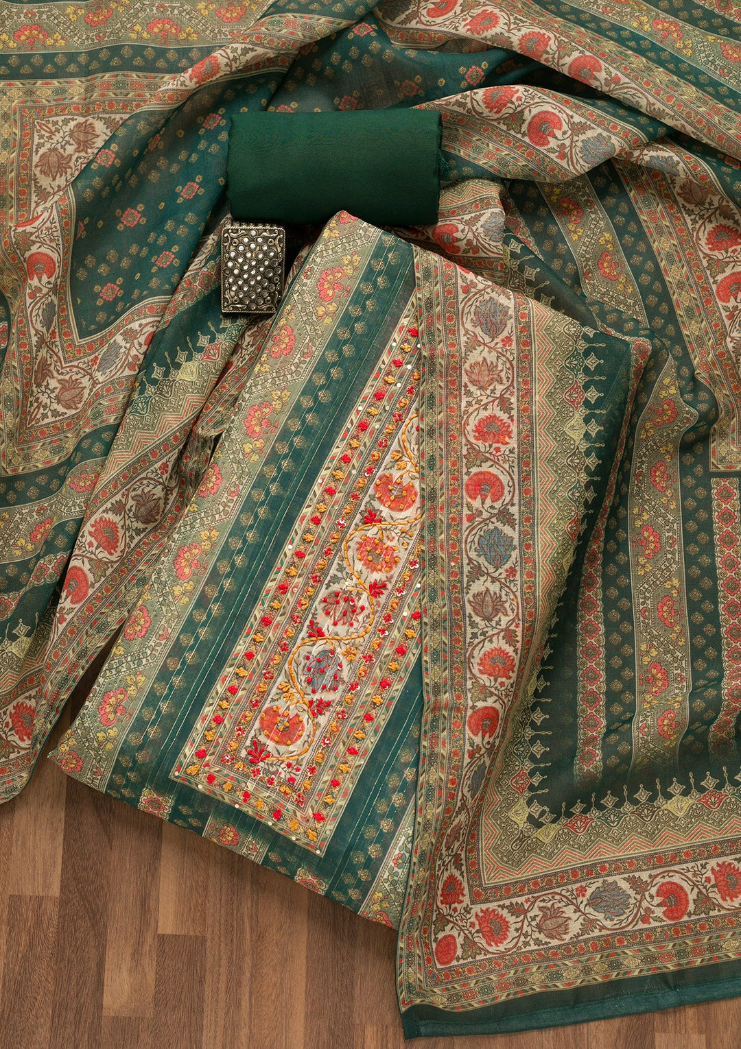 Bottle Green Threadwork Chanderi Unstitched Salwar Suit-Koskii