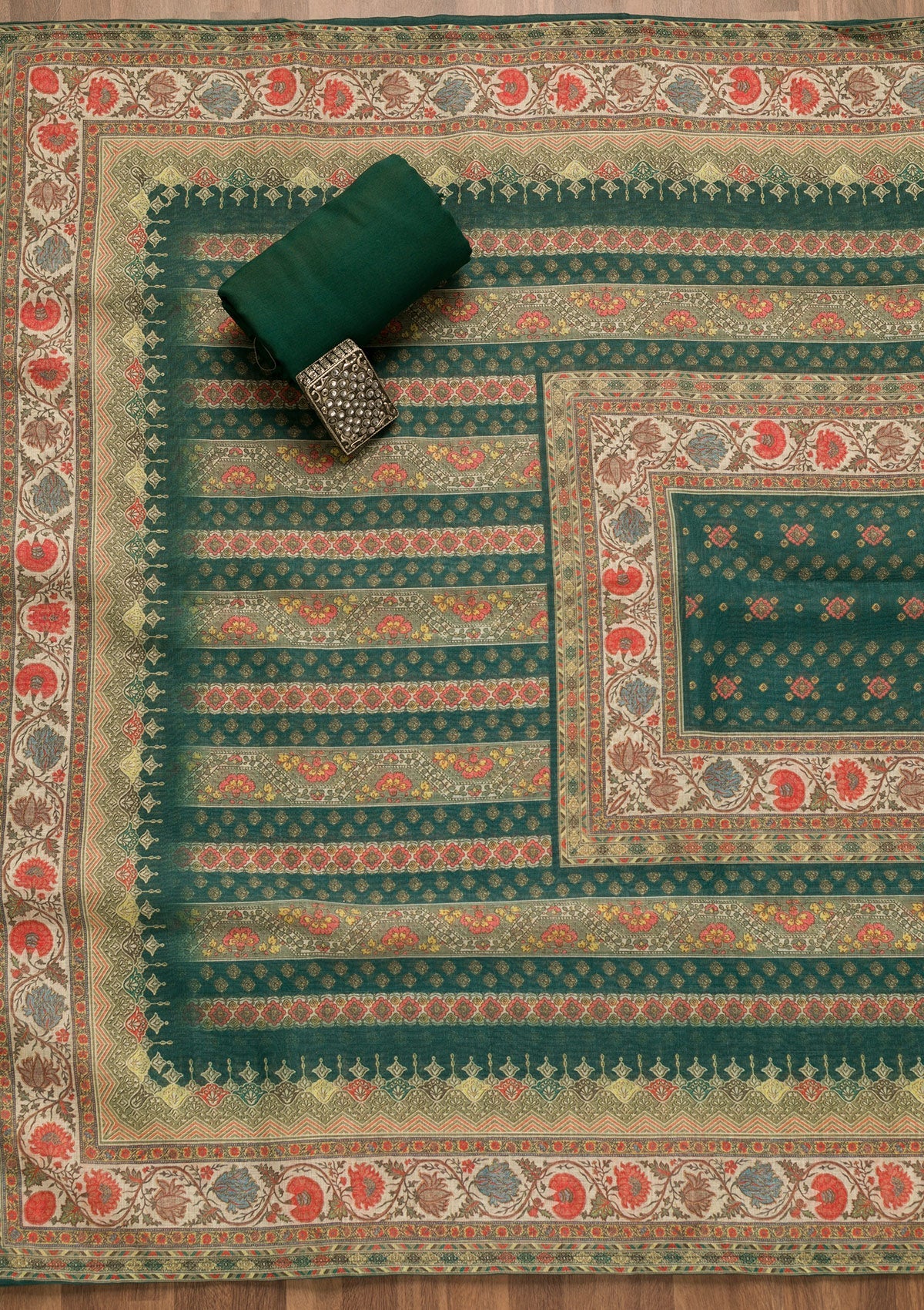 Bottle Green Threadwork Chanderi Unstitched Salwar Suit-Koskii