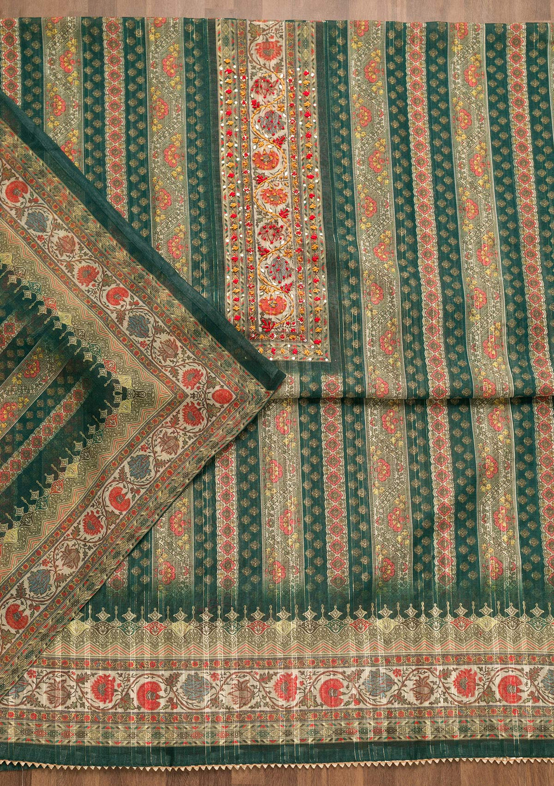 Bottle Green Threadwork Chanderi Unstitched Salwar Suit-Koskii