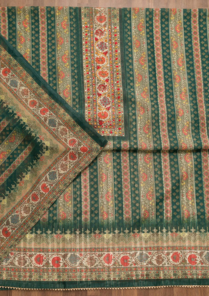 Bottle Green Threadwork Chanderi Unstitched Salwar Suit-Koskii