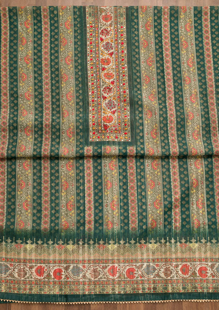 Bottle Green Threadwork Chanderi Unstitched Salwar Suit-Koskii