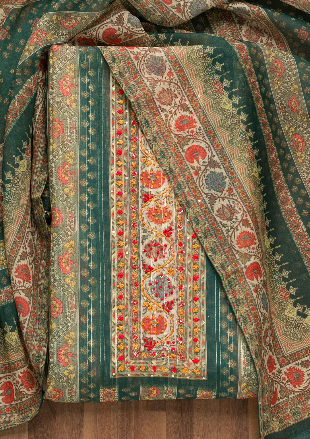 Bottle Green Threadwork Chanderi Unstitched Salwar Suit-Koskii