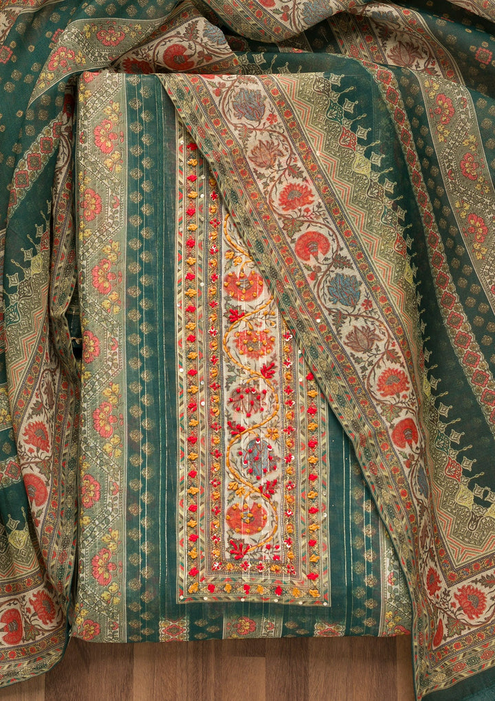 Bottle Green Threadwork Chanderi Unstitched Salwar Suit-Koskii