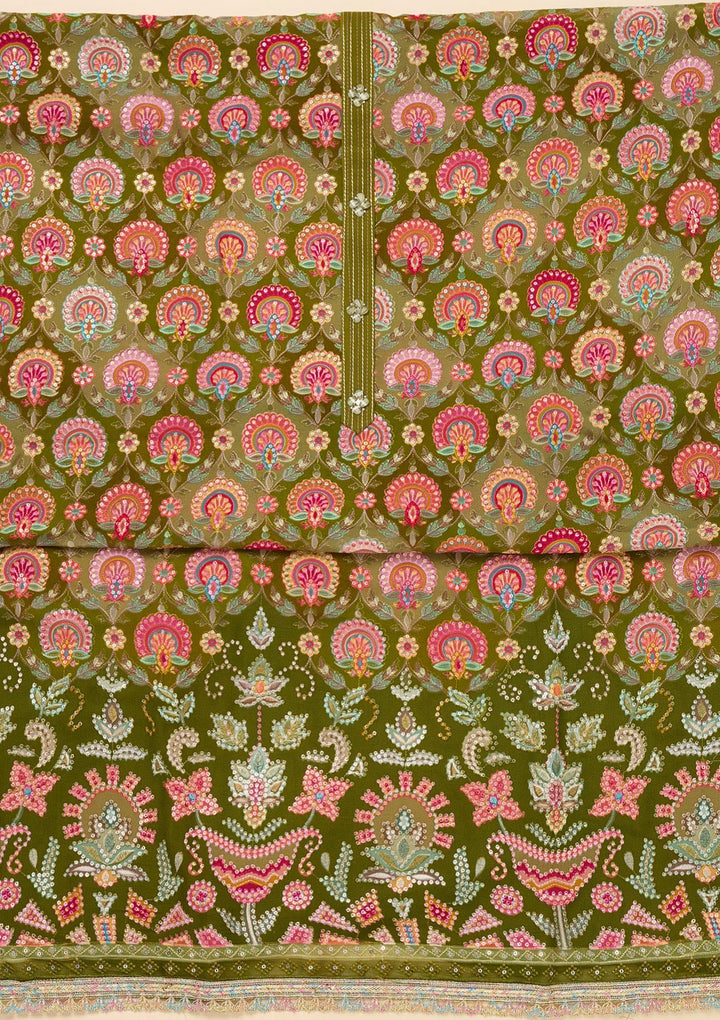 Parrot Green Threadwork Georgette Unstitched Salwar Suit-Koskii