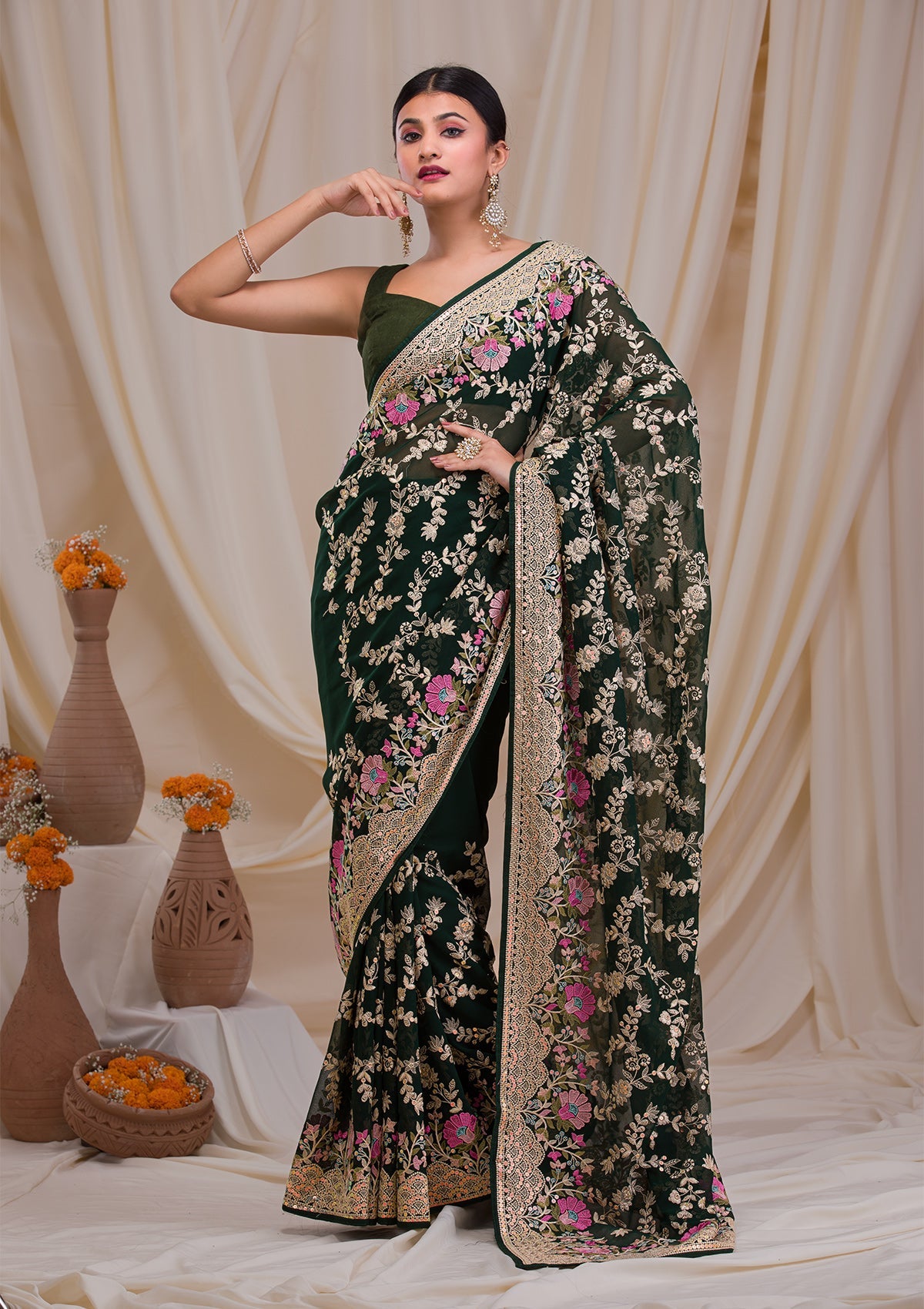 Bottle Green Threadwork Georgette Saree-Koskii