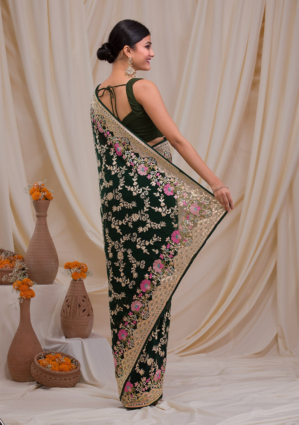 Bottle Green Threadwork Georgette Saree-Koskii