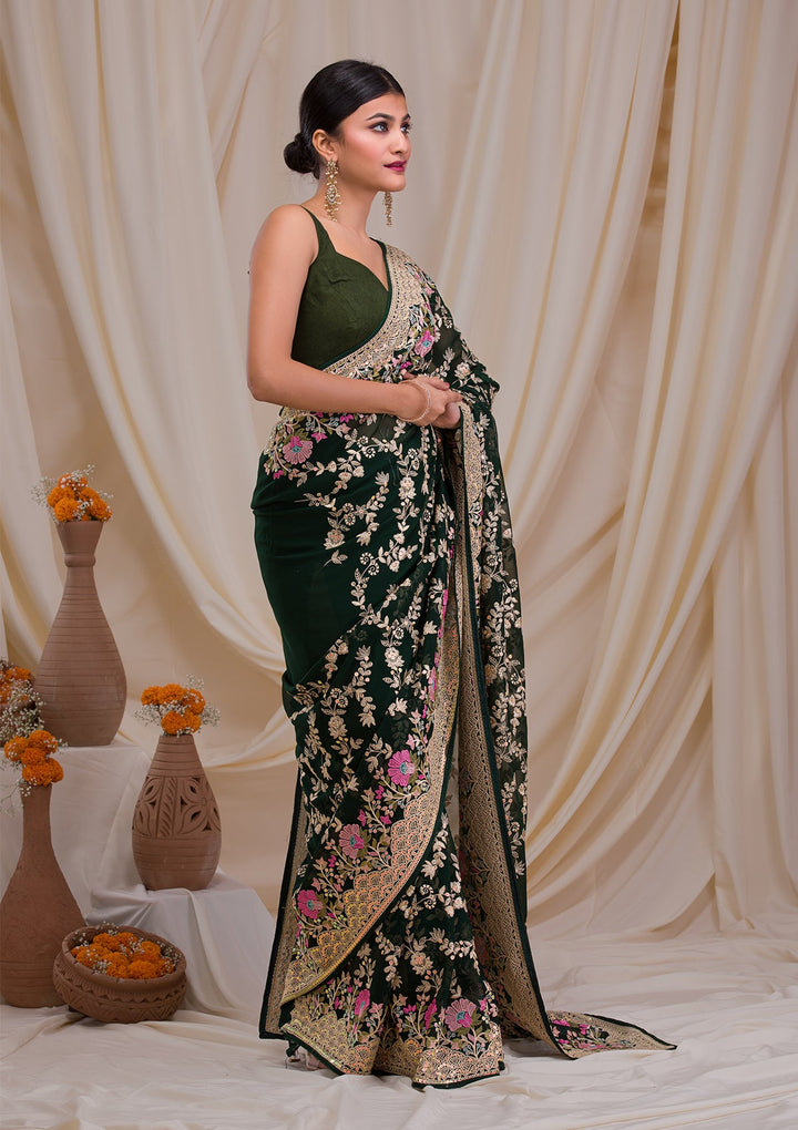 Bottle Green Threadwork Georgette Saree-Koskii