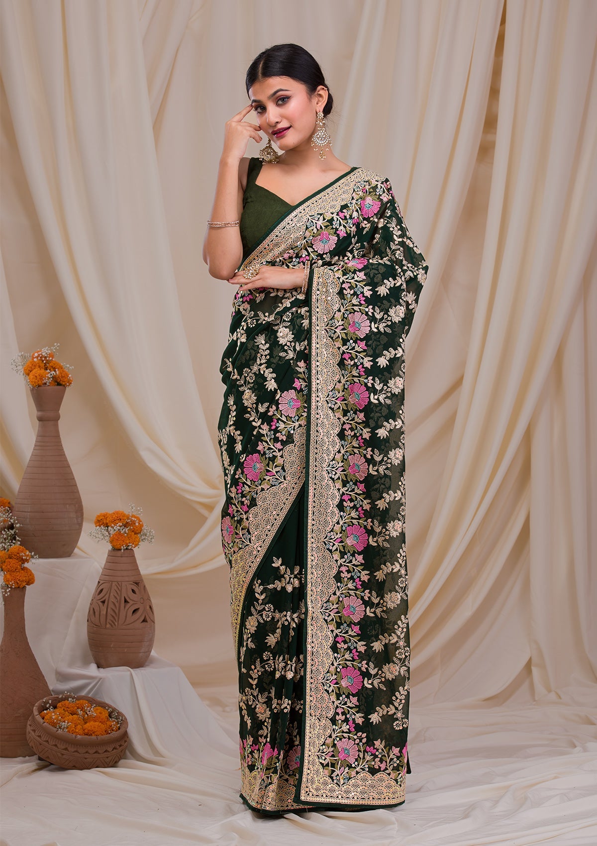 Bottle Green Threadwork Georgette Saree-Koskii