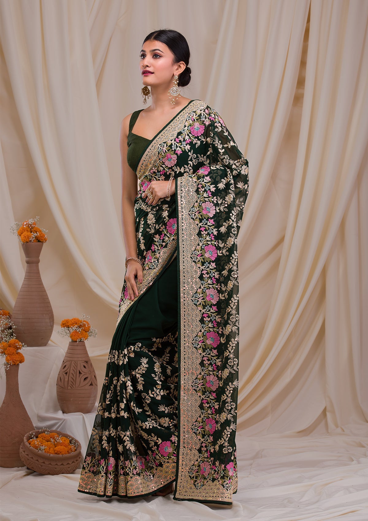 Bottle Green Threadwork Georgette Saree-Koskii