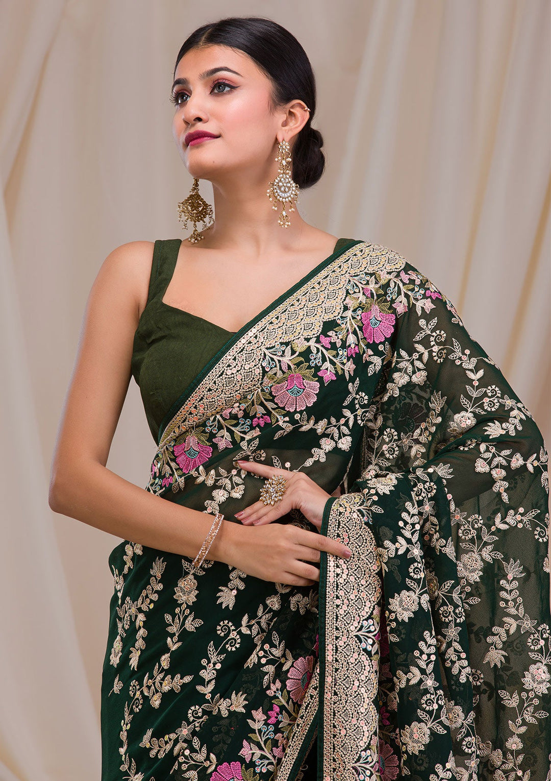 Bottle Green Threadwork Georgette Saree-Koskii