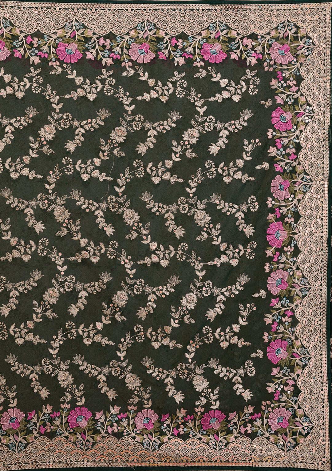 Bottle Green Threadwork Georgette Saree-Koskii