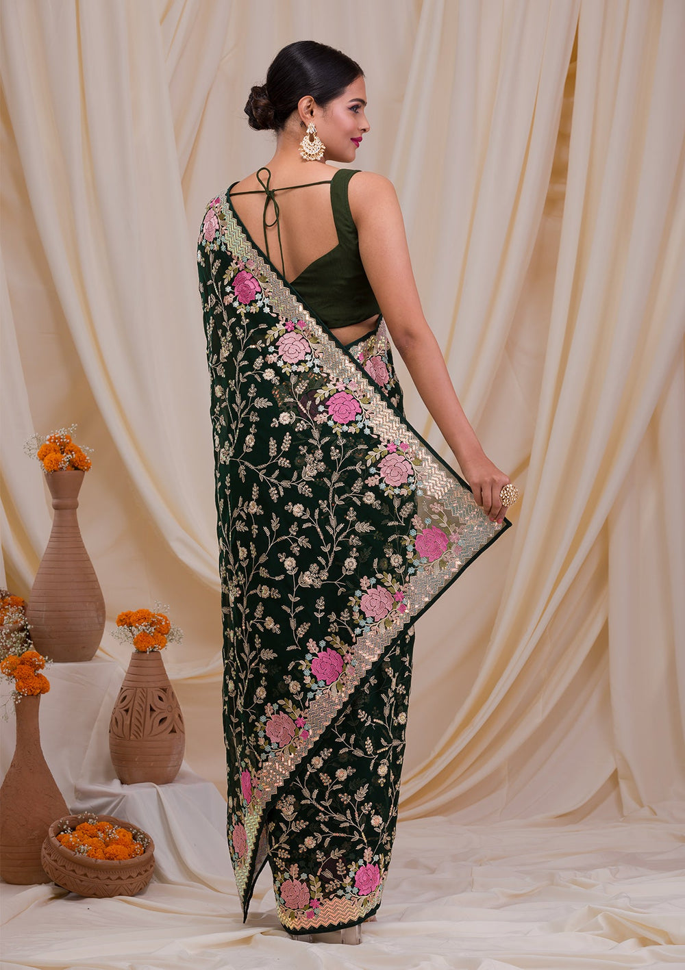 Bottle Green Threadwork Georgette Saree-Koskii