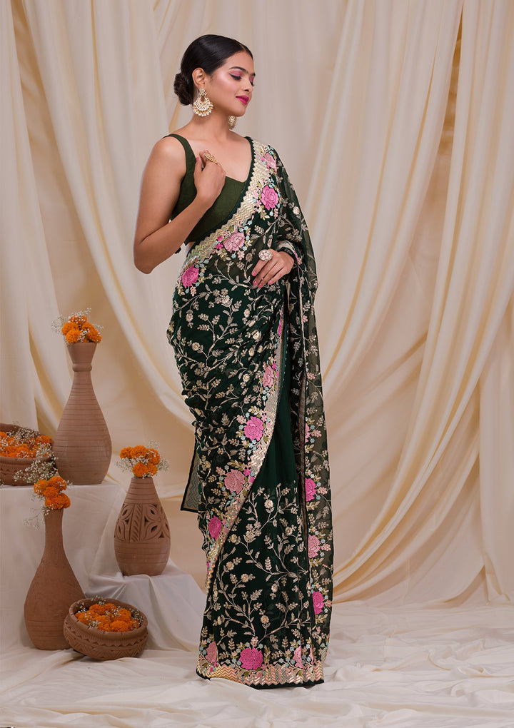 Bottle Green Threadwork Georgette Saree-Koskii