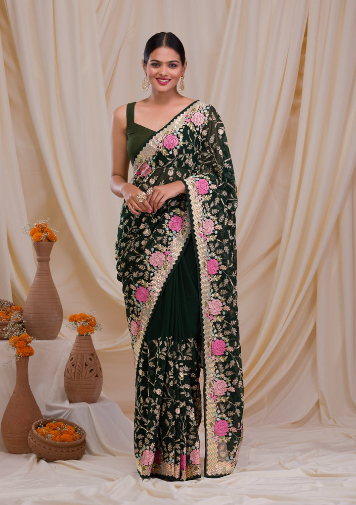 Bottle Green Threadwork Georgette Saree-Koskii