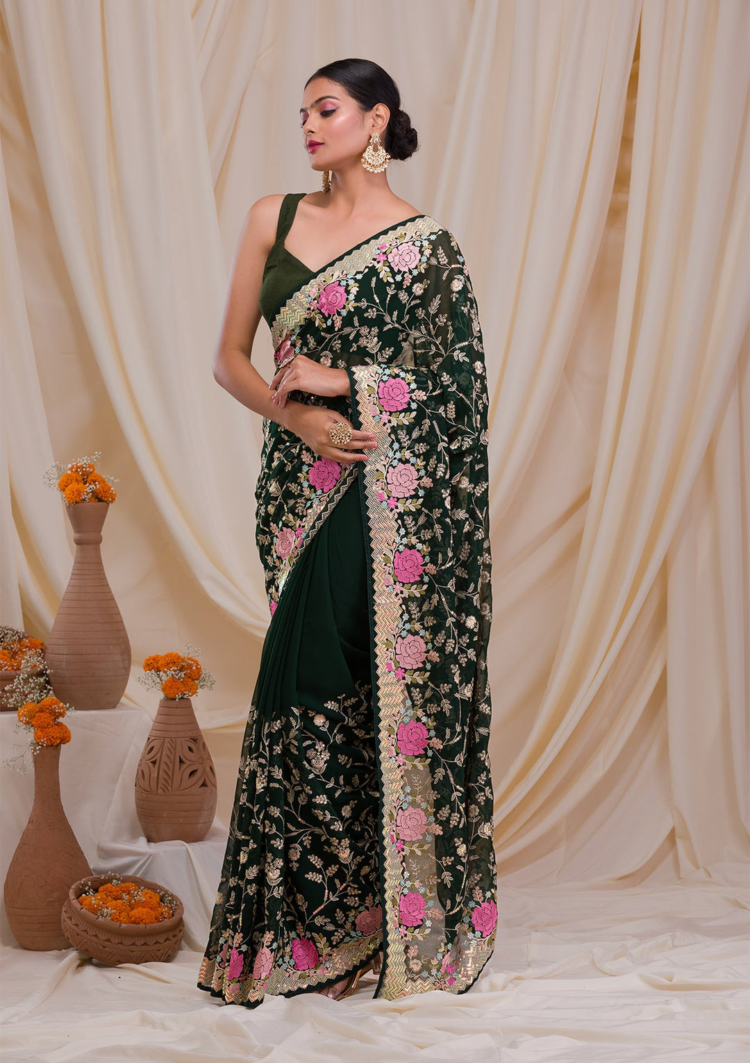 Bottle Green Threadwork Georgette Saree-Koskii