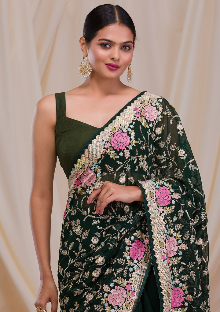 Bottle Green Threadwork Georgette Saree-Koskii
