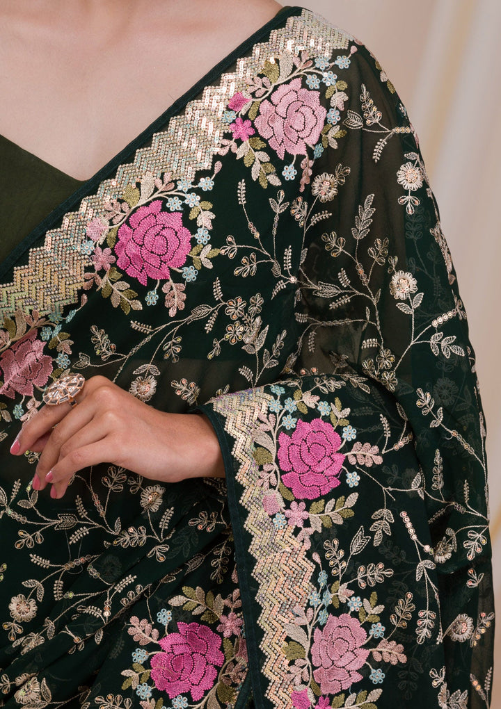 Bottle Green Threadwork Georgette Saree-Koskii