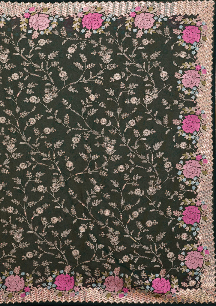 Bottle Green Threadwork Georgette Saree-Koskii