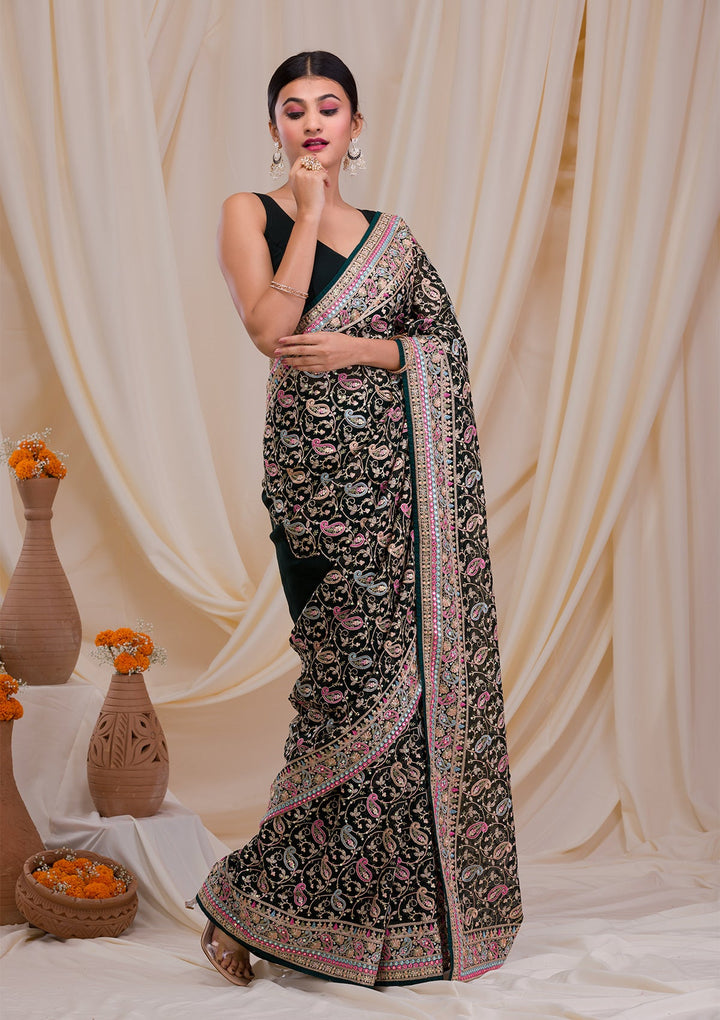 Bottle Green Threadwork Georgette Saree-Koskii