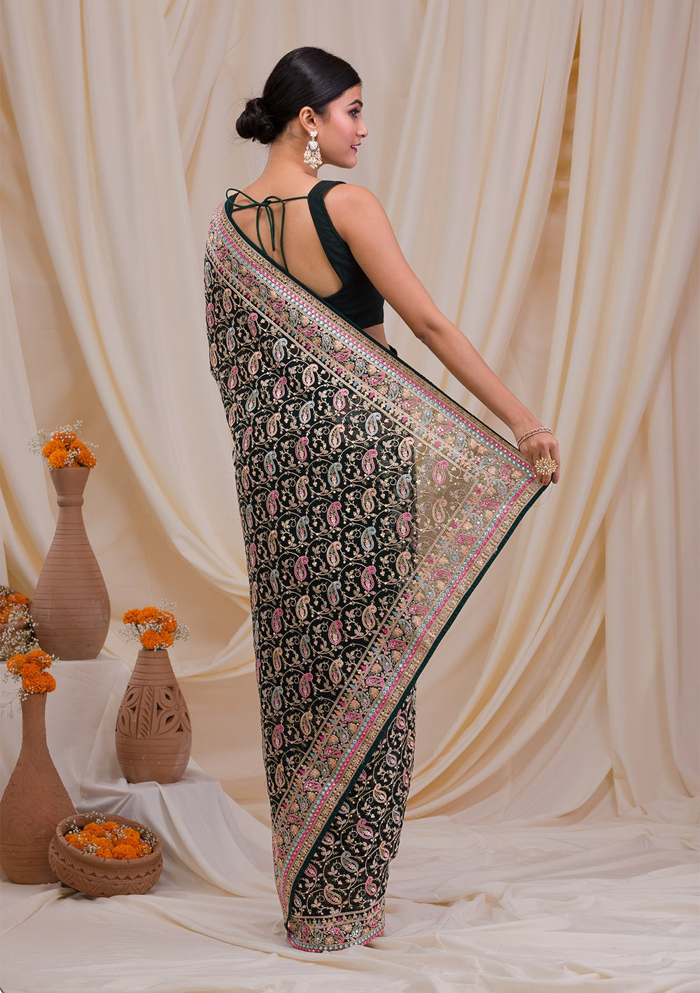 Bottle Green Threadwork Georgette Saree-Koskii