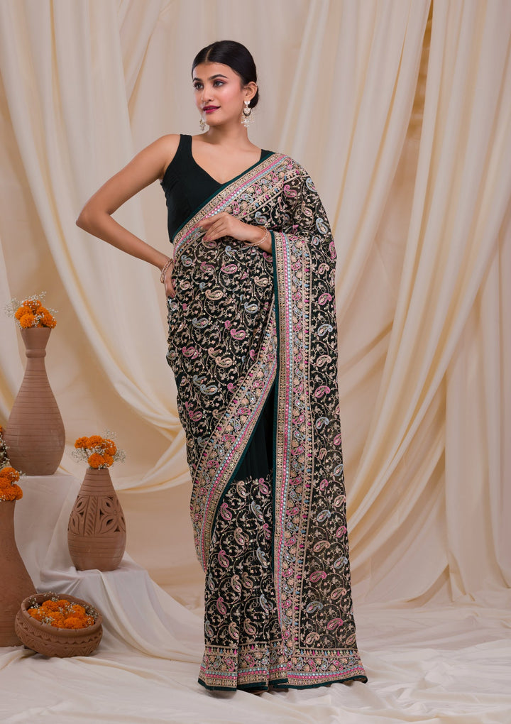 Bottle Green Threadwork Georgette Saree-Koskii