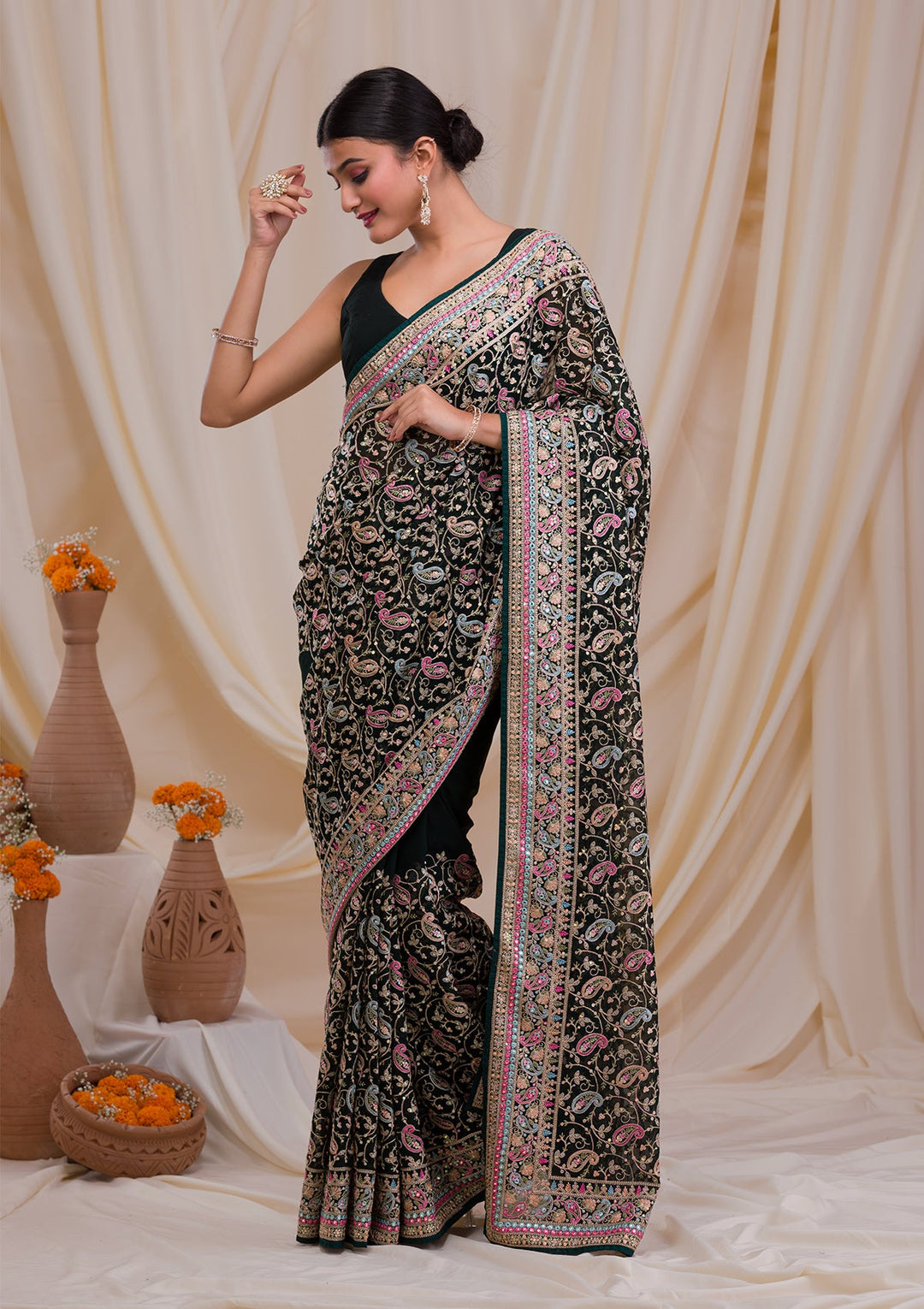 Bottle Green Threadwork Georgette Saree-Koskii
