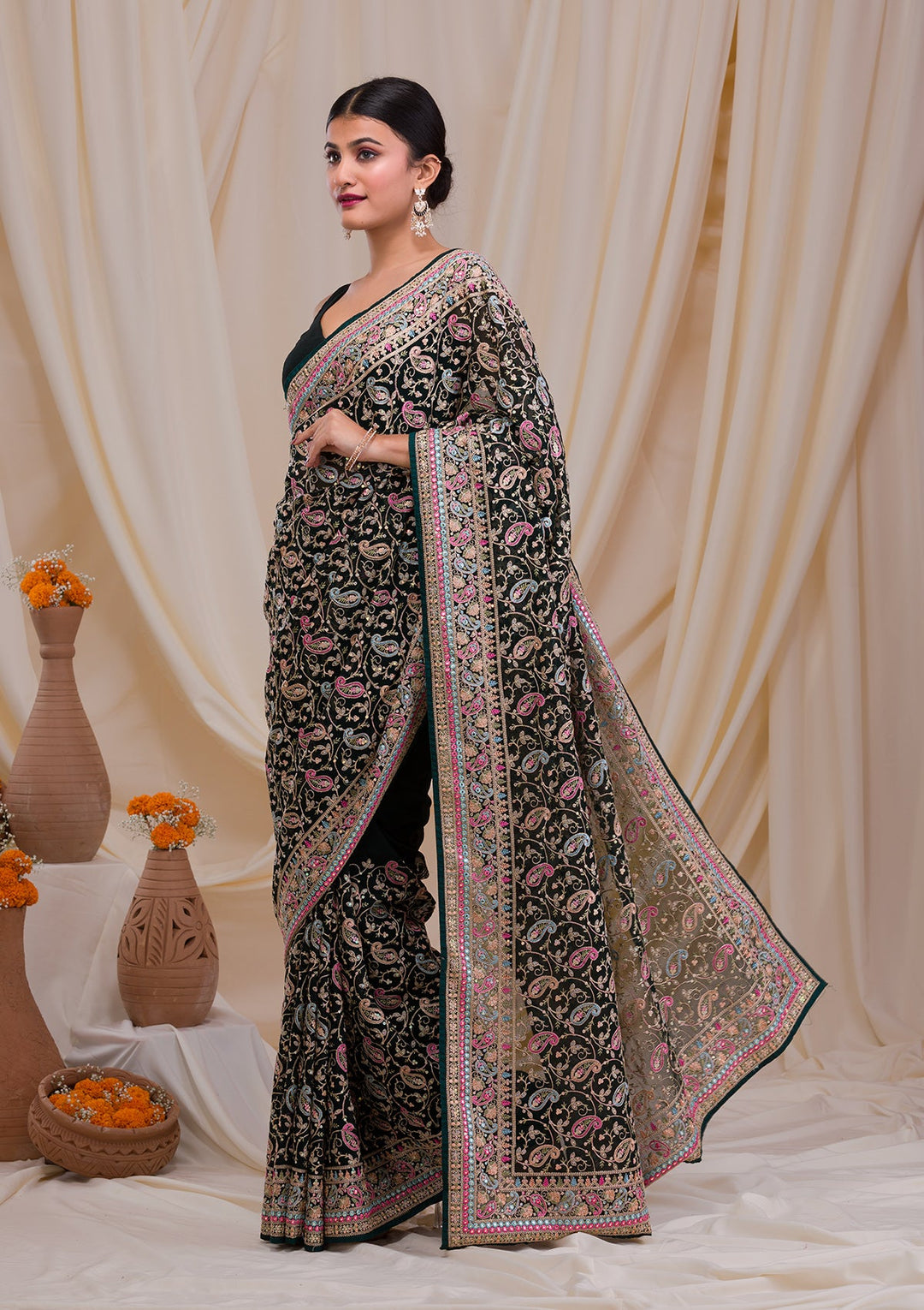 Bottle Green Threadwork Georgette Saree-Koskii