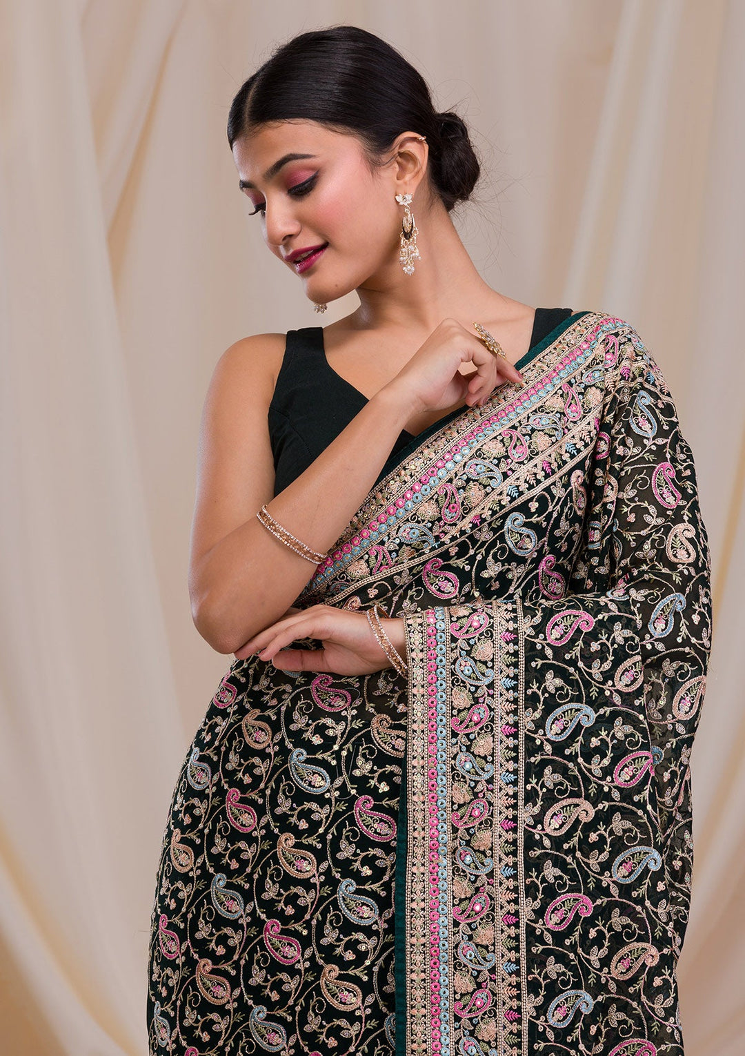 Bottle Green Threadwork Georgette Saree-Koskii
