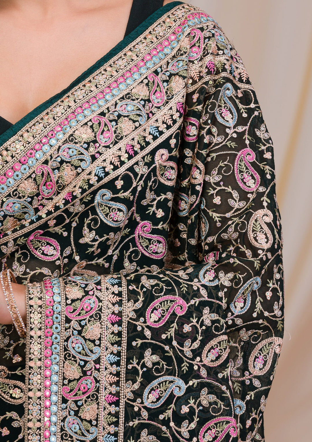 Bottle Green Threadwork Georgette Saree-Koskii
