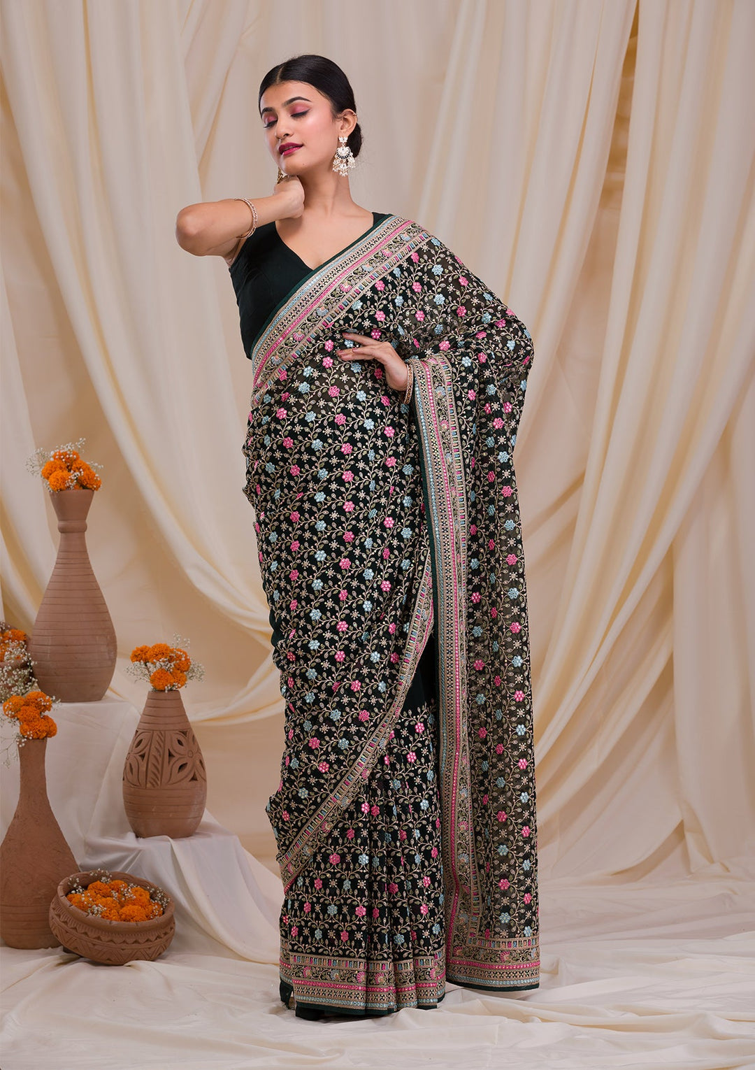 Bottle Green Threadwork Georgette Saree-Koskii