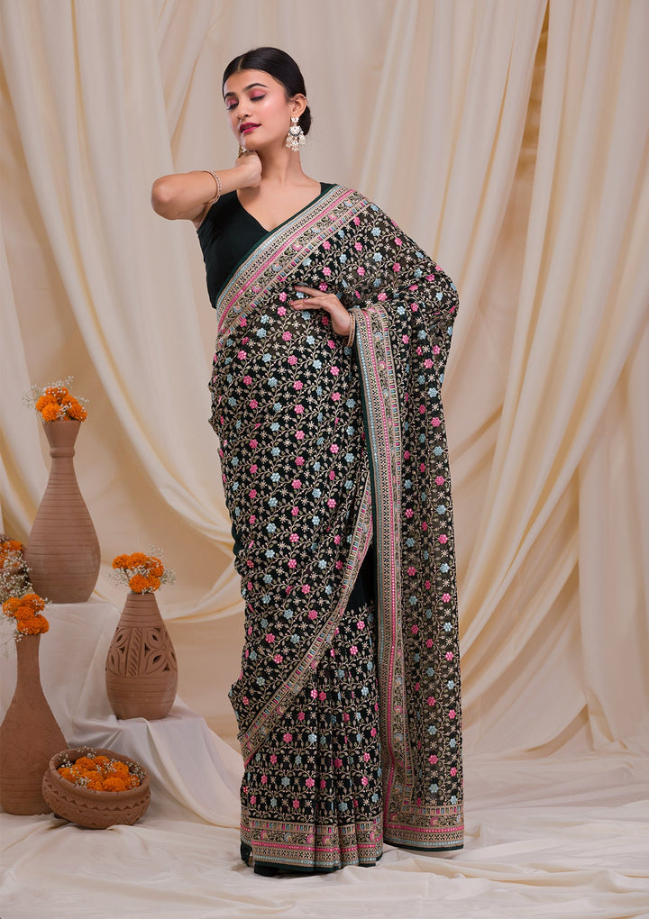 Bottle Green Threadwork Georgette Saree-Koskii