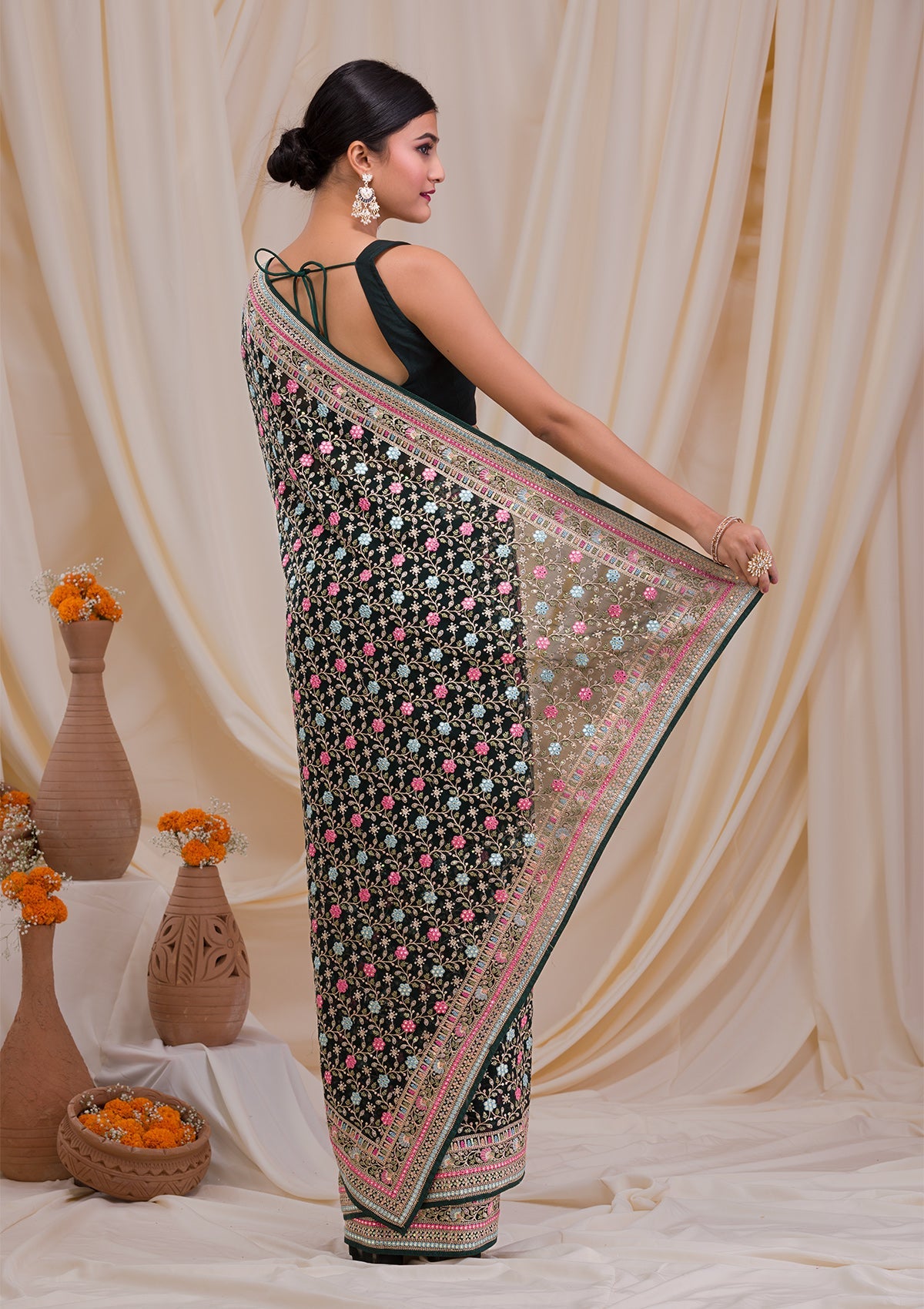 Bottle Green Threadwork Georgette Saree-Koskii