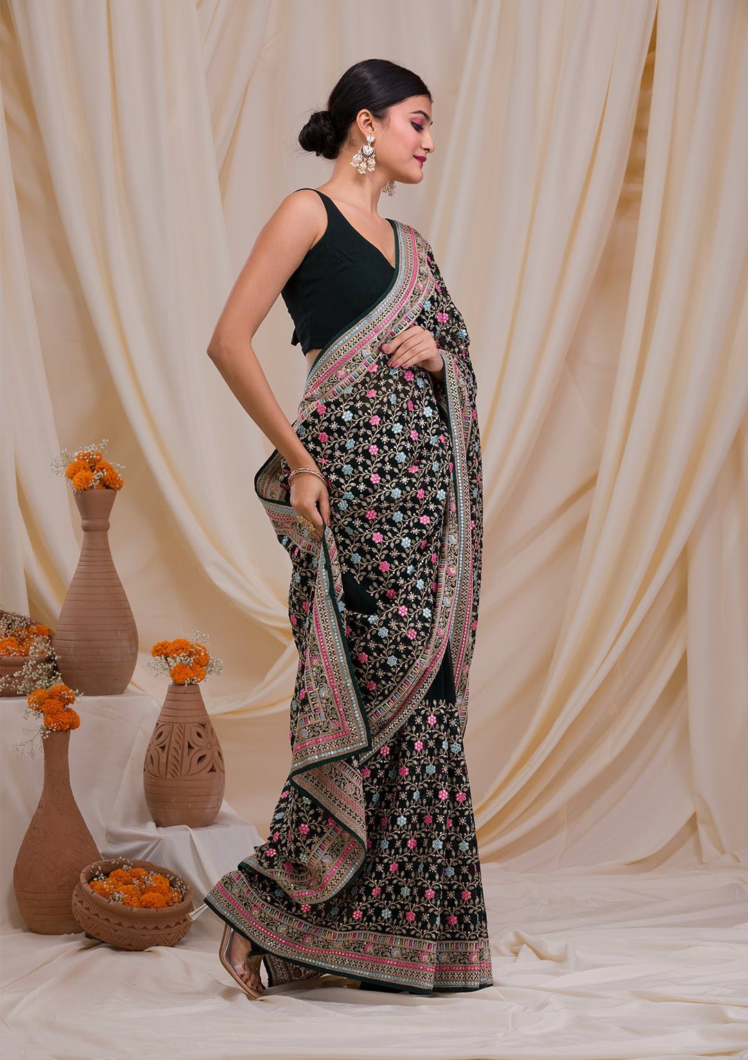 Bottle Green Threadwork Georgette Saree-Koskii