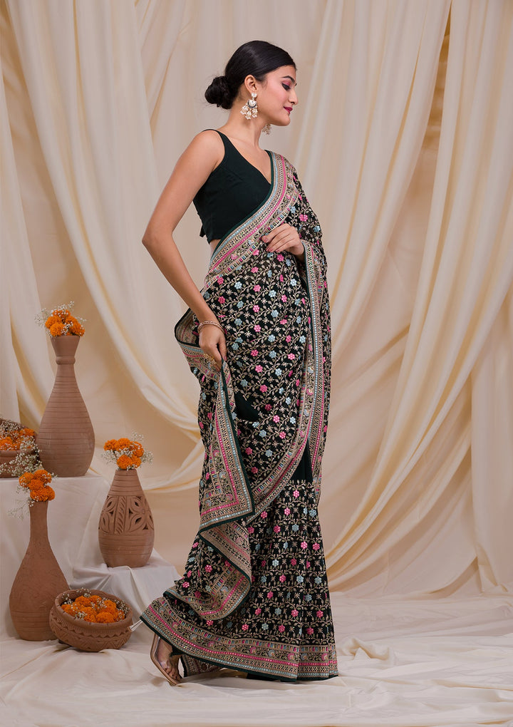 Bottle Green Threadwork Georgette Saree-Koskii