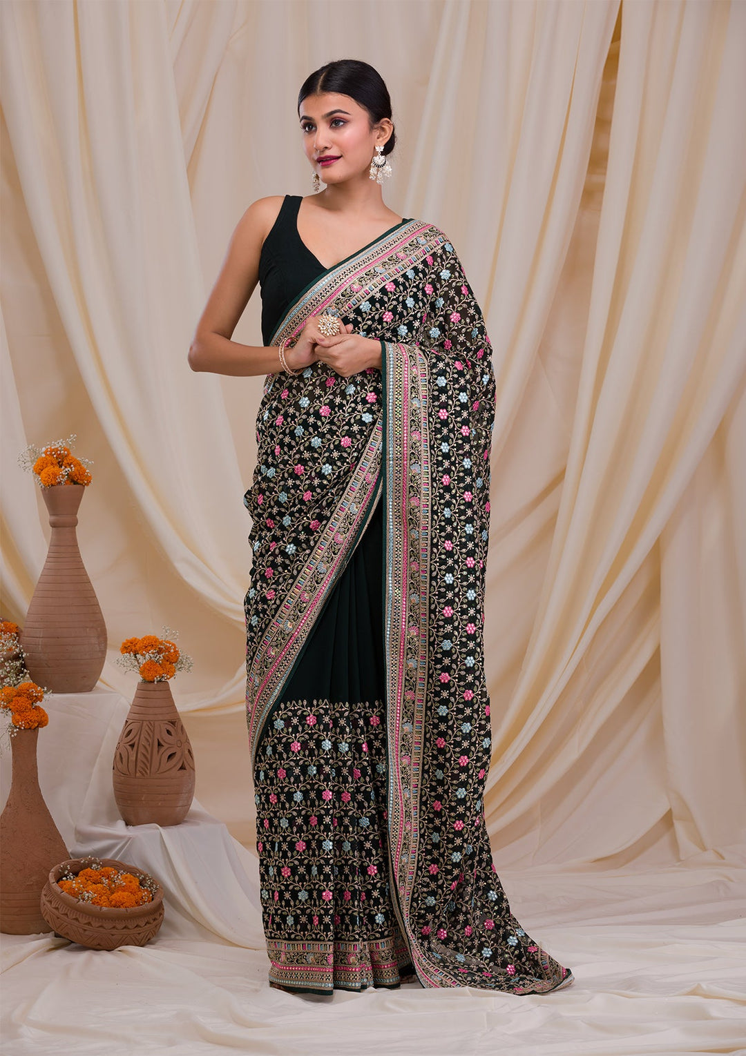 Bottle Green Threadwork Georgette Saree-Koskii