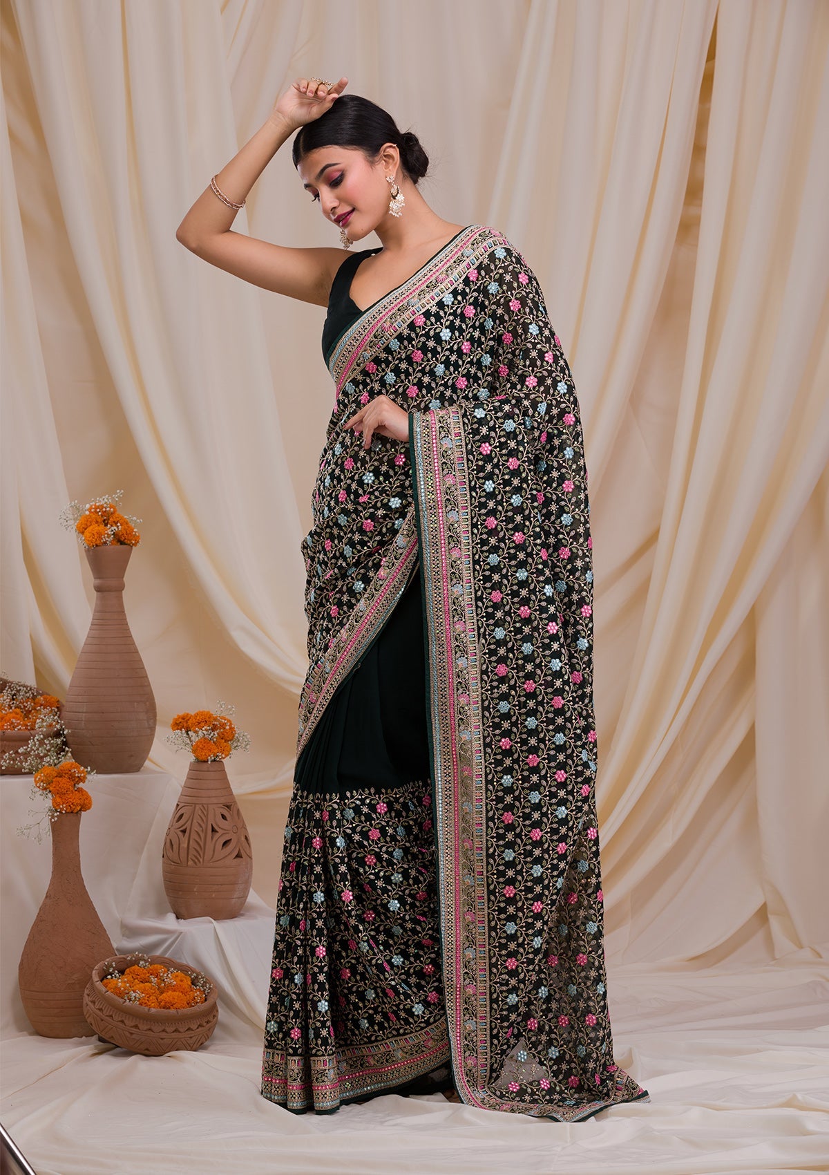 Bottle Green Threadwork Georgette Saree-Koskii