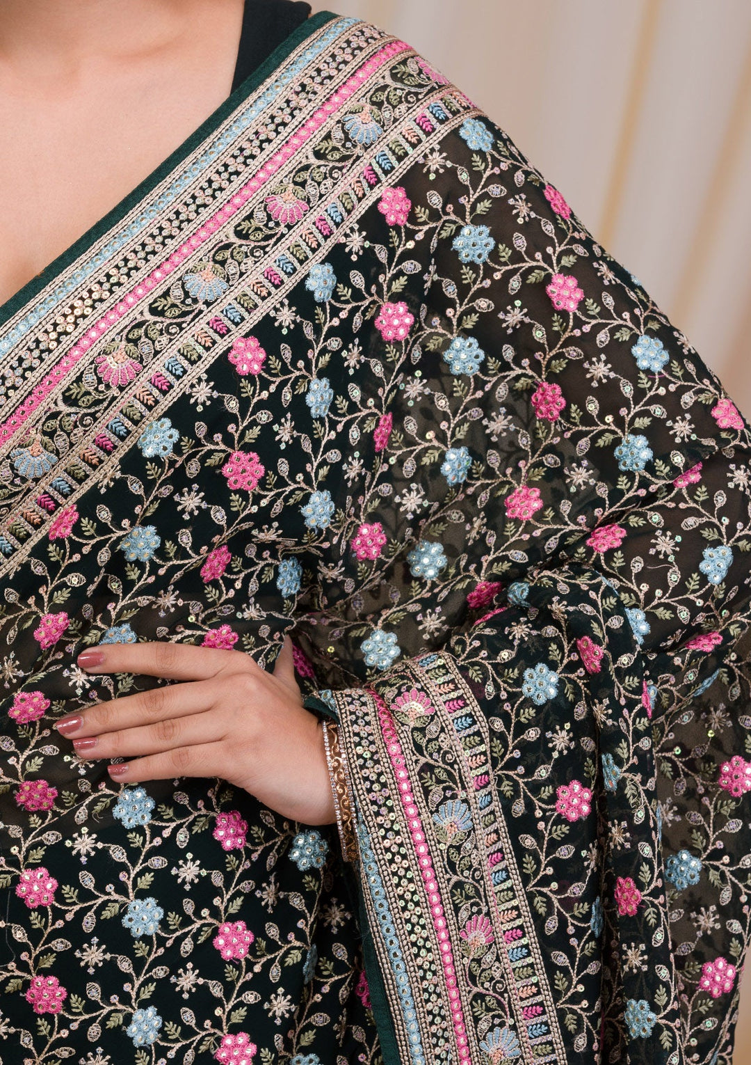 Bottle Green Threadwork Georgette Saree-Koskii