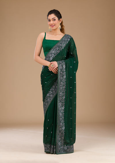 Bottle Green Threadwork Georgette Saree