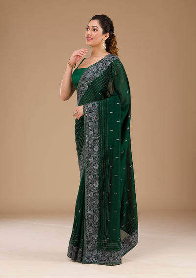 Bottle Green Threadwork Georgette Saree