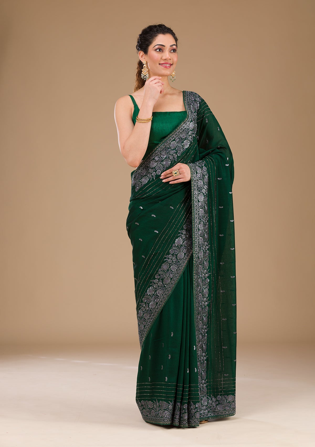 Bottle Green Threadwork Georgette Saree