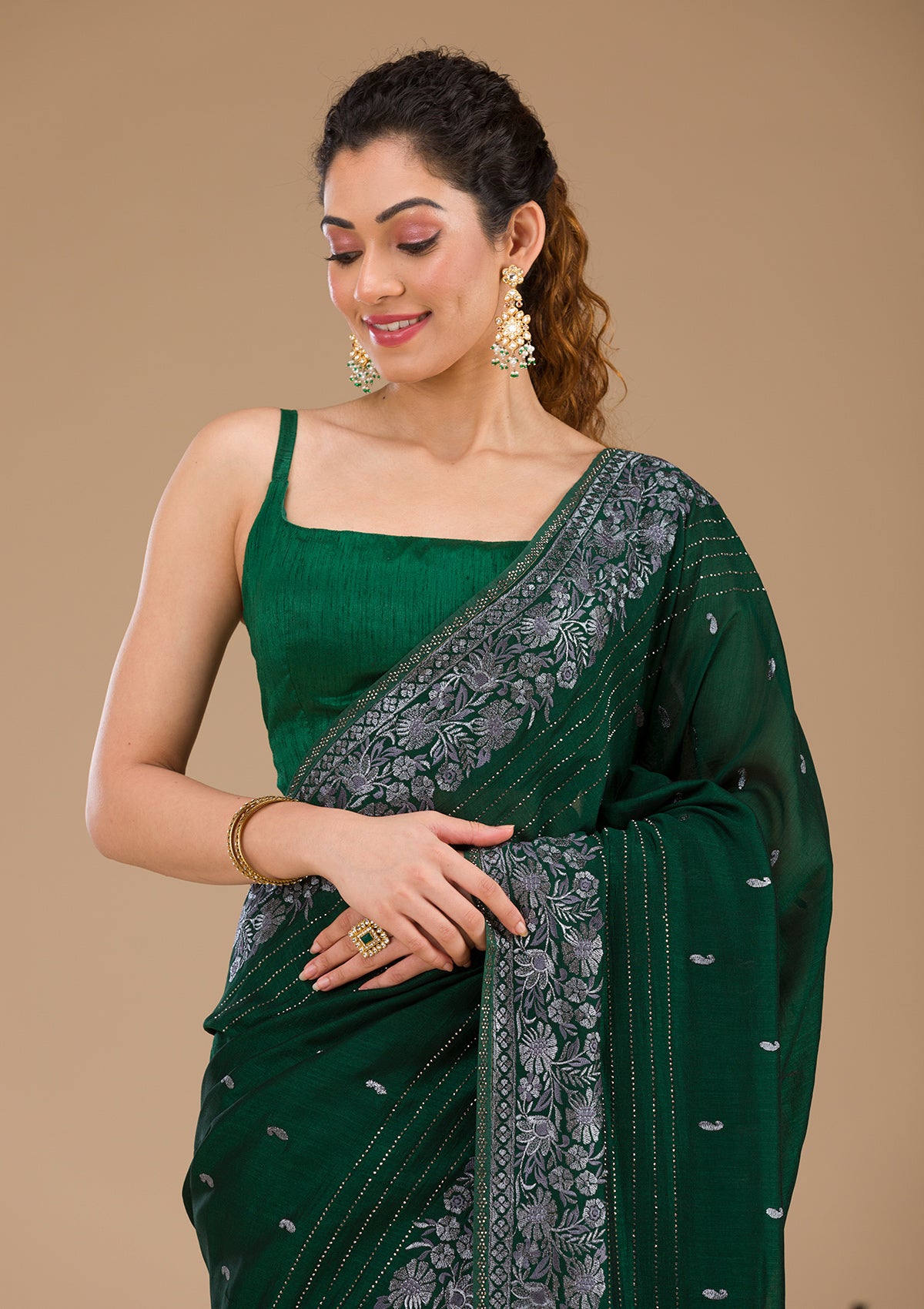 Bottle Green Threadwork Georgette Saree