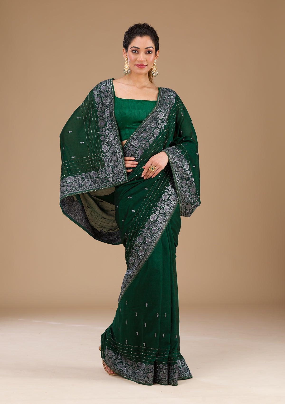 Bottle Green Threadwork Georgette Saree