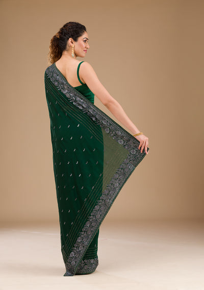 Bottle Green Threadwork Georgette Saree