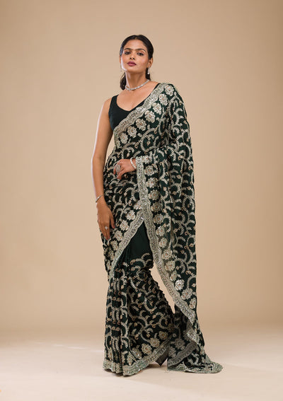 Bottle Green Threadwork Satin Saree