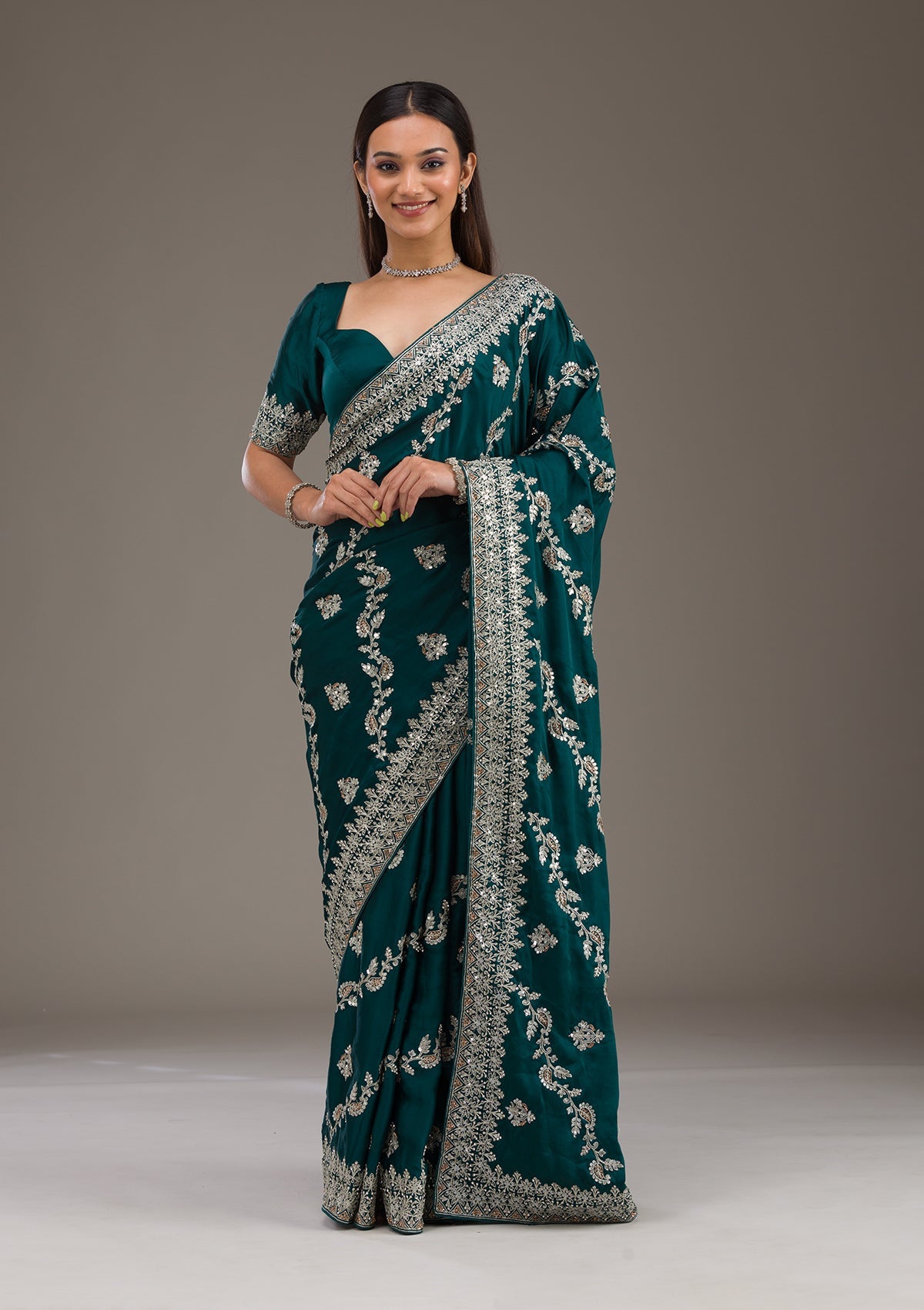 Bottle Green Threadwork Satin Saree-Koskii