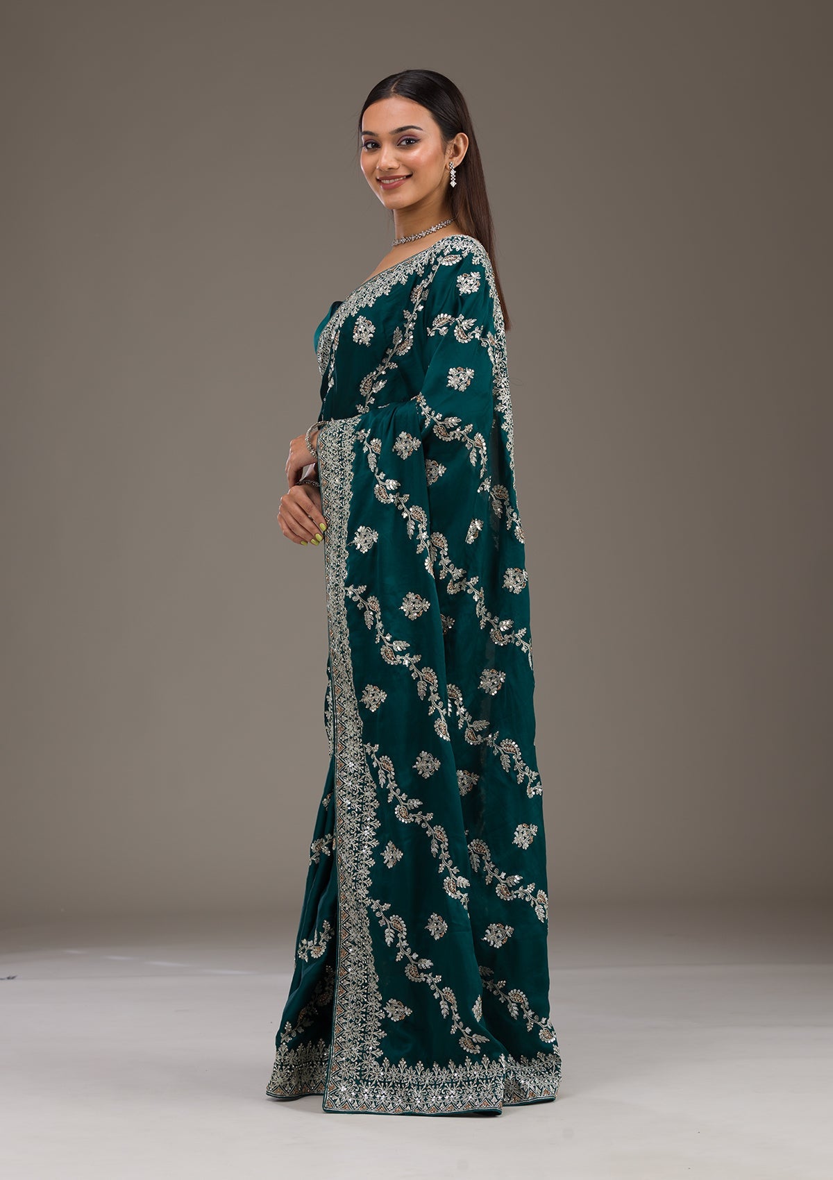 Bottle Green Threadwork Satin Saree-Koskii