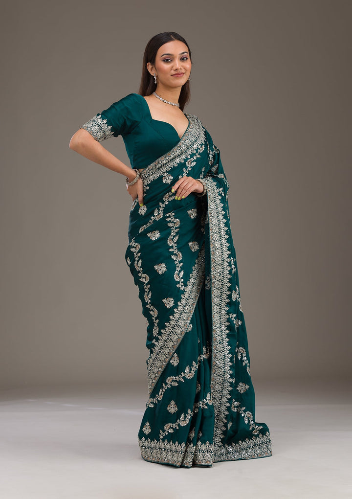 Bottle Green Threadwork Satin Saree-Koskii
