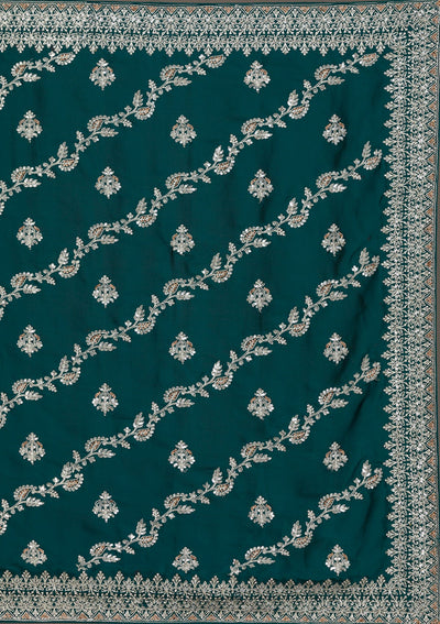 Bottle Green Threadwork Satin Saree-Koskii